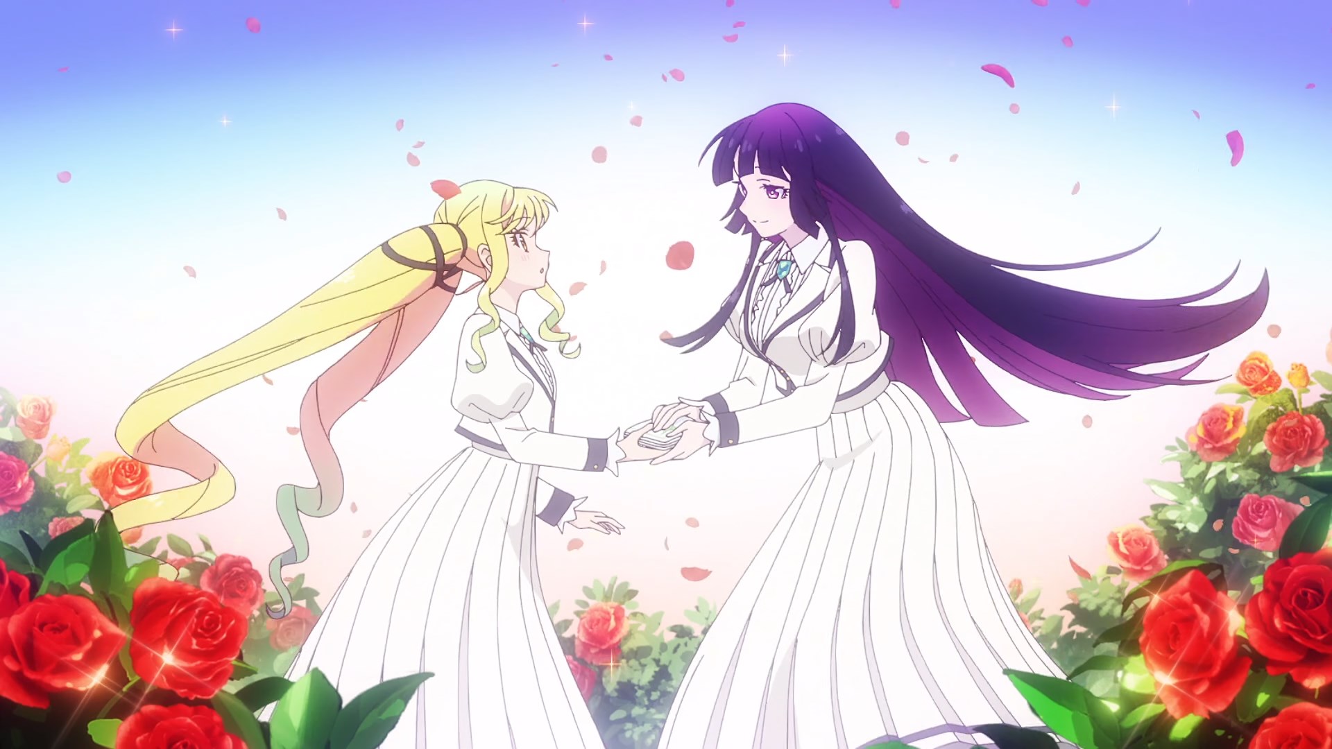 Roses bloom all along the bottom and sides of the screen as the dark haired Otoha hands over a hand kerchief to a stunned looking Lilisa, as petals flutter between them.